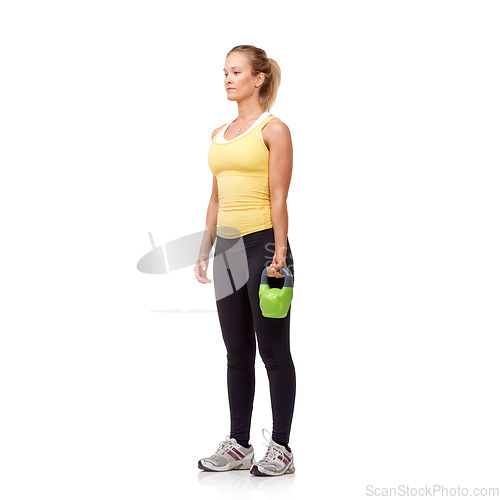 Image of Training, weightlifting and studio woman with kettlebell for bicep muscle growth, arm strength development or full body exercise. Gym equipment, bodybuilding and female athlete on white background