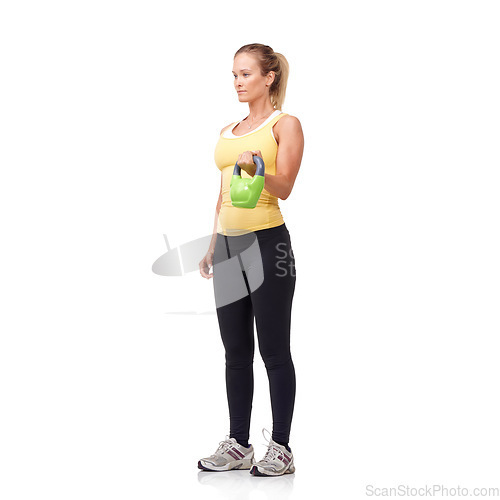 Image of Training, weightlifting and studio woman with kettlebell curl for muscle growth, arm strength development or bicep workout. Gym weights, active bodybuilding and female athlete on white background