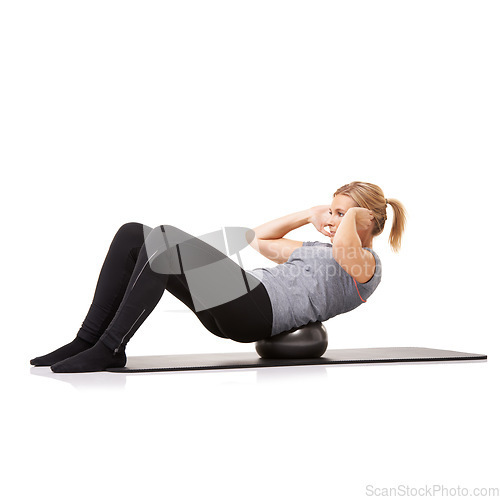 Image of Exercise ball, training and woman with workout, stretching and wellness isolated on a white studio background. Person, mockup space and girl with energy, fitness and sit up with balance and body