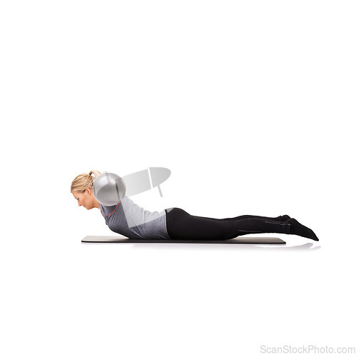 Image of Exercise ball, body and woman with wellness, stretching and girl isolated on a white studio background. Person, mockup space and girl with training, healthy and breathing with balance and flexible