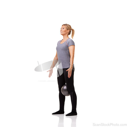 Image of Woman exercise legs on pilates ball, training and workout body health isolated on a white studio background mockup. Medicine equipment, balance and person in fitness, sports and standing for wellness