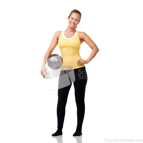 Image of Portrait, smile and woman with medicine ball, exercise or training healthy body isolated on white studio background mockup space. Happy person on pilates equipment, fitness or workout in Switzerland