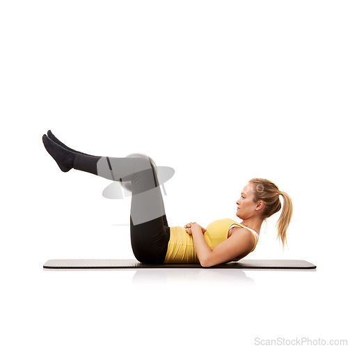 Image of Woman exercise on pilates ball, crunches and workout body health isolated on a white studio background mockup. Medicine equipment, core abdomen muscle and person in fitness, sports and training legs