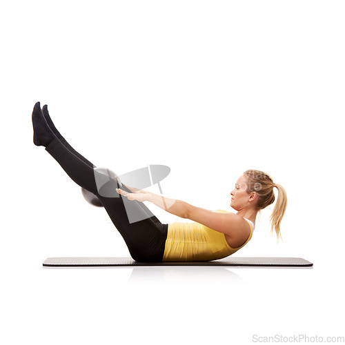 Image of Exercise ball, training and woman with workout, stretching and wellness isolated on a white studio background. Person, mockup space and girl with fitness, healthy and breathing with legs and model