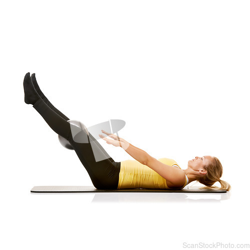 Image of Woman exercise on soft ball, training body health and crunches isolated on a white studio background mockup space. Medicine equipment, core abdomen muscle and person in pilates, fitness and sit up