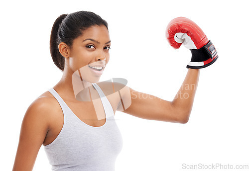 Image of Portrait, boxer and flexing with woman, sports and exercise isolated on white studio background. Face, person and challenge with boxing, fighting and mma training with impact, energy or strong muscle