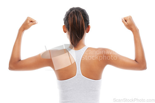 Image of Flexing arms, back and woman with fitness, strong muscle and wellness isolated on a white studio background. Mockup space, person and model with progress, endurance and healthy with confident girl