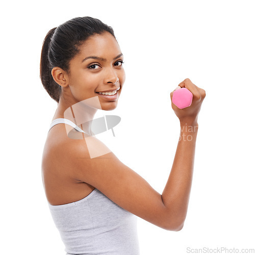 Image of Fitness, woman and dumbbell in studio portrait for health, exercise and workout or gym power. Face of bodybuilder or happy sports person in training, strong and muscle wellness on a white background