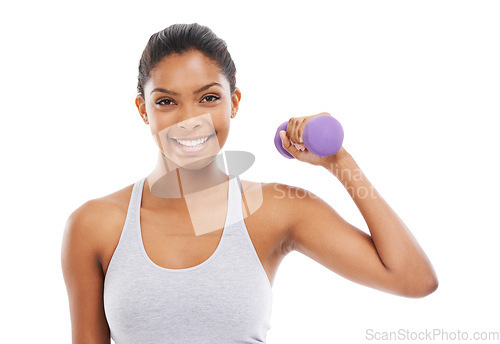 Image of Woman, portrait and dumbbell for fitness in studio with workout, training and wellness. Weights, female person and athlete with iron, arm muscle and health with white background, exercise and smile