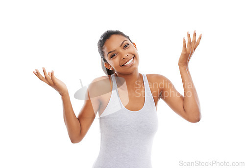 Image of Portrait, shrug and confused with woman, ideas and decision isolated on white studio background. Face, person or model with a smile, choice or solution with questions, why or doubt with body language