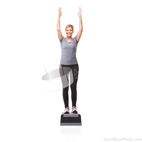 Image of Portrait, aerobics and woman with balance, fitness and model isolated on a white studio background. Person, mockup space and girl with training, wellness and energy with cardio, workout and happy