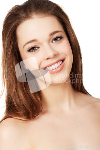 Image of Skincare, natural beauty and portrait of happy woman with luxury skin, makeup and confidence in studio. Dermatology, cosmetics and facial care for model girl with smile isolated on white background.