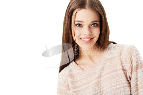 Image of Casual fashion, portrait and woman with smile, mockup and isolated on white background. Happy, gen z style and confident young model with natural beauty, wellness and mock up space in studio.