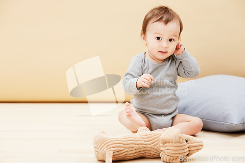 Image of Baby, portrait and stuffed animal or playing in home or comfort, childhood development or entertainment. Kid, toy teddy and learning in apartment or education progress, coordination, growth or mockup