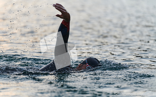 Image of A professional triathlete trains with unwavering dedication for an upcoming competition at a lake, emanating a sense of athleticism and profound commitment to excellence.