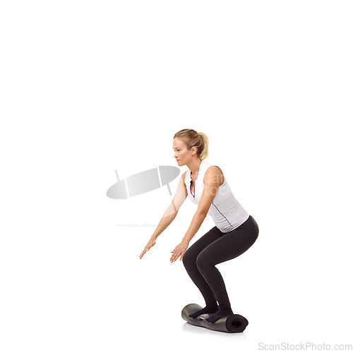 Image of Woman, exercise and mat in studio for workout, pilates or fitness for healthy body, wellness or balance. Person, face and yoga in sportswear for physical activity on mock up space or white background