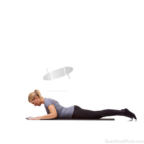 Image of Woman, exercise and mat in studio for cobra, pilates or workout for healthy body, wellness and core muscle. Person, fitness and yoga on floor for abdomen health on mockup space and white background