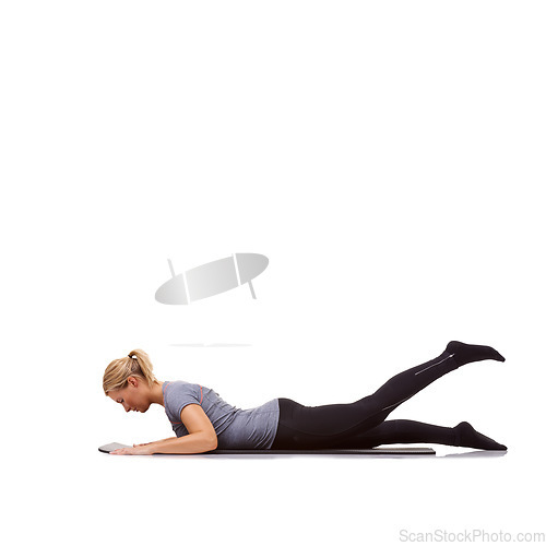 Image of Woman, fitness and mat in studio for cobra, pilates or workout for healthy body, wellness and core muscle. Person, exercise and yoga on floor for abdomen health on mockup space and white background