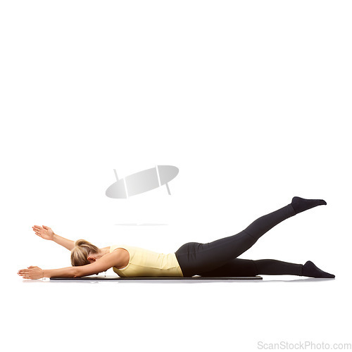 Image of Woman, yoga and mat in studio for stretching, fitness or workout for healthy body, wellness or core muscle. Person, exercise or pilates on floor for abdomen health on mockup space or white background