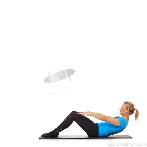 Image of Woman, crunches or mat in studio for fitness, stretching or workout for healthy body, wellness or core muscle. Person, exercise or yoga on floor for abdomen health on mockup space or white background