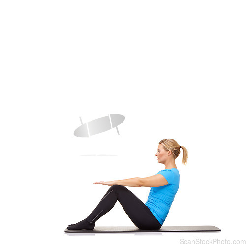 Image of Woman, crunches or mat in studio for stretching, fitness or workout for healthy body, wellness or core muscle. Person, exercise or yoga on floor for abdomen health on mockup space or white background