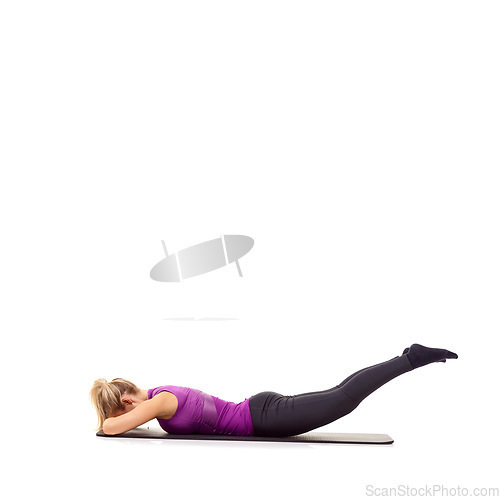 Image of Woman, legs and glutes on yoga mat in studio for pilates performance, mockup space or white background. Female person, stretching and wellness progress exercise for training, challenge or healthy