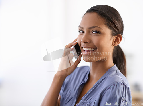 Image of Phone call, office and portrait of business woman for communication, networking and contact. Professional, happy and face of worker on cellphone for talking, conversation and discussion in workplace