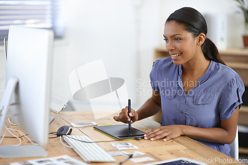 Image of Tablet, computer and graphic design woman doing drawing of creative CAD, digital sketch or online rendering. Tools, editing pen and happy professional designer working on development process