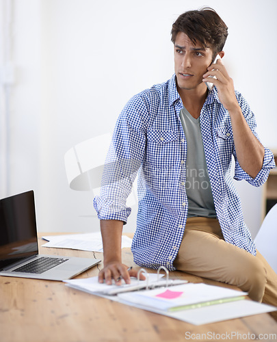 Image of Office phone call, communication and man speaking, consulting or planning project with business contact. Problem solving discussion, serious conversation or consultant negotiation with cellphone user