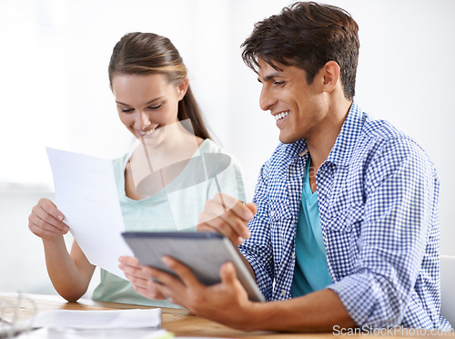 Image of Office, happy woman and man with tablet, documents and proposal for online research. Startup, partnership and business people at desk at digital design with collaboration, coworking and paperwork.