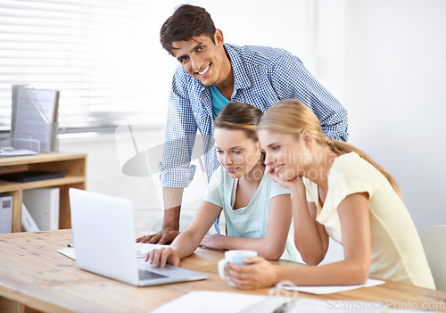 Image of Teamwork, laptop or portrait of manager of designers in meeting for news, tech or planning in office. Collaboration, startup or happy people with research on online blog website for editing project