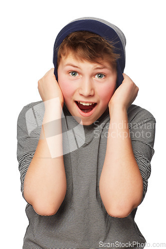 Image of Shock, excited and portrait of child with beanie in a studio for positive, good and confident attitude. Happy, surprise and young boy teenager or kid with wow, omg or wtf face by white background.