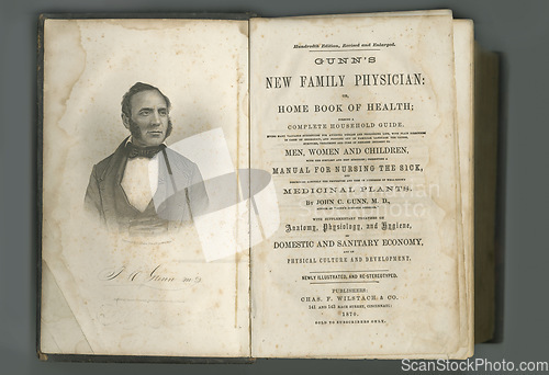 Image of Antique medical page, wisdom and research with knowledge on medicine study, learning and university. Language, pathology and parchment paper for healthcare education literature, book or information