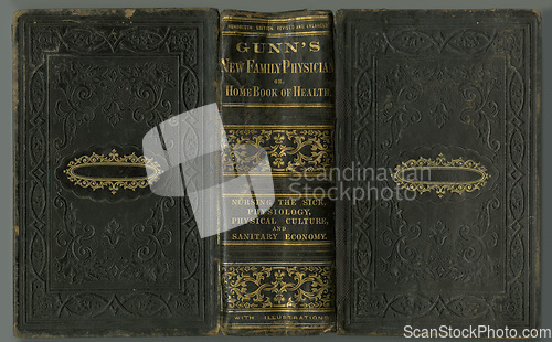 Image of Old book, vintage and cover of medical manuscript, ancient scripture or antique literature against a studio background. Closeup of blank historical novel, journal or worn guide of nursing history