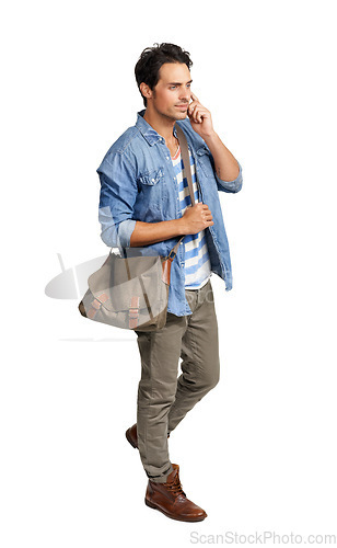 Image of Man, phone call and conversation in studio, speaking and technology by white background on app. Male person, smartphone and communication or network, connection and internet for online discussion