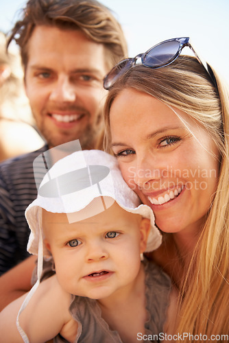 Image of Man, woman and baby portrait for outdoor happy or nature childhood development, connection for bond. Mother, father and smile with kid as family at festival outing for holiday, vacation or weekend