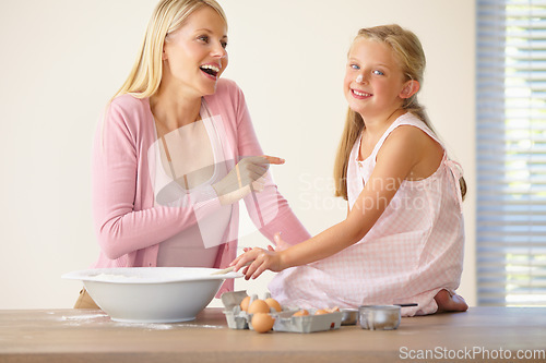 Image of Flour nose, baking portrait and happy family, child or mom play, have fun and enjoy Mothers day, love or home bond. Playful, mama teaching or kid learning youth development, skills or kitchen cooking