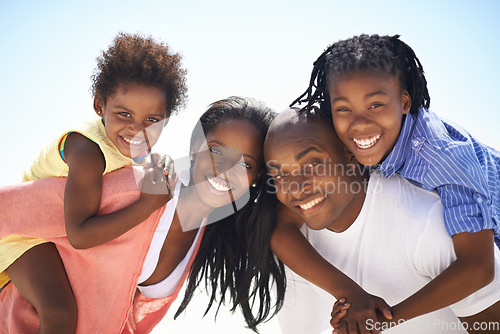 Image of Black family, parents or children on piggyback at beach for adventure, holiday or vacation in summer. African people, face or smile outdoor in nature for break, experience or bonding and relationship