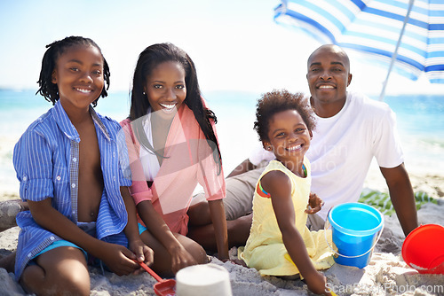 Image of African family, parents or children and portrait at beach for adventure, holiday or vacation in summer. Black people, face or smile outdoor in nature for playing, experience or bond and relationship