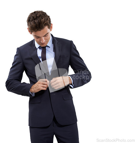 Image of Jacket, button and businessman adjust suit in white background of studio. Business, fashion and corporate entrepreneur with professional style for work in mock up space with confidence and pride