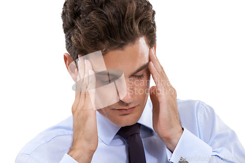 Image of Headache, pain and businessman with stress in studio, white background or mockup. Migraine, fatigue and tired entrepreneur with burnout from work or frustrated from a mistake, fail or crisis