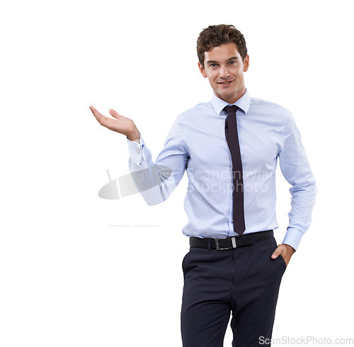 Image of Portrait, presentation and hand gesture with a business man in studio isolated on a white background. Marketing, advertising and information with a confident young employee on space as a speaker