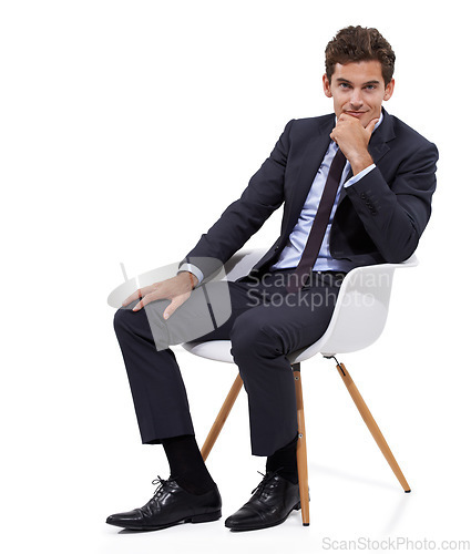 Image of Studio, portrait and businessman thinking in a chair on white background or mock up space. Entrepreneur, mindset and manager sitting with ideas, planning or boss with confidence or pride in mission