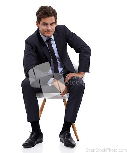 Image of Sitting, manager and portrait of businessman in a chair with white background or mock up space in studio. Confident, entrepreneur and relax on seat with professional style, fashion or suit for work