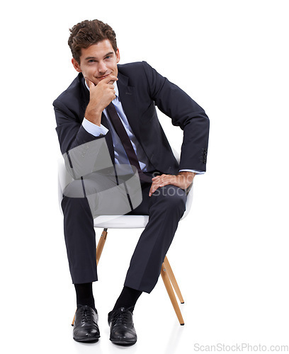 Image of Thinking, portrait and businessman in studio in a chair on white background or mock up space. Entrepreneur, insight and manager sitting with ideas, planning or boss with mindset for strategy