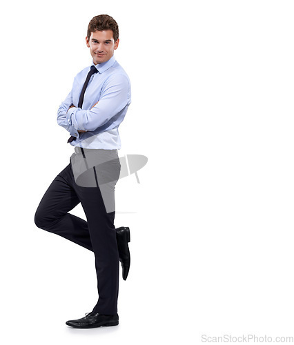 Image of Business, portrait and man with arms crossed on mockup in studio for hiring news on white background. Recruitment, offer or face of male recruiter with space for announcement, deal or job opportunity