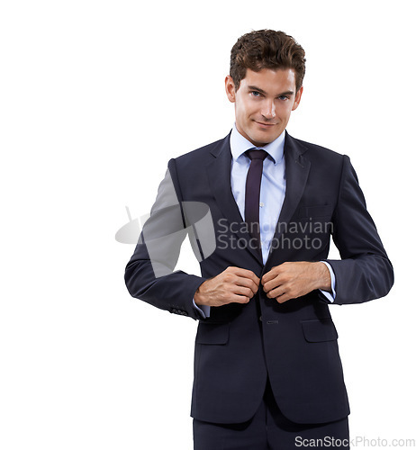 Image of Button, jacket and portrait of businessman with suit, pride and confidence in white background or studio. Entrepreneur, manager and boss adjusting fashion with assertive, power or mock up space