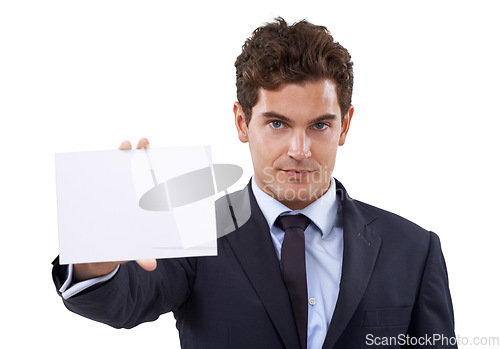 Image of Business man, poster mockup and portrait with presentation for serious news, information or corporate opportunity in studio. Face of boss or professional person with card space on a white background