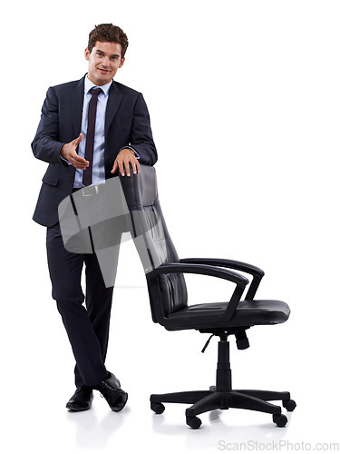 Image of Portrait, business man and handshake for welcome, introduction and greeting at chair. Professional shaking hands in agreement, contract deal and b2b opportunity isolated on a white studio background