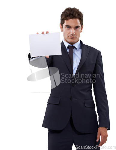 Image of Business man, portrait and card mockup or presentation for information, opportunity and serious news in studio. Worker or corporate person with paper and space for career offer on a white background